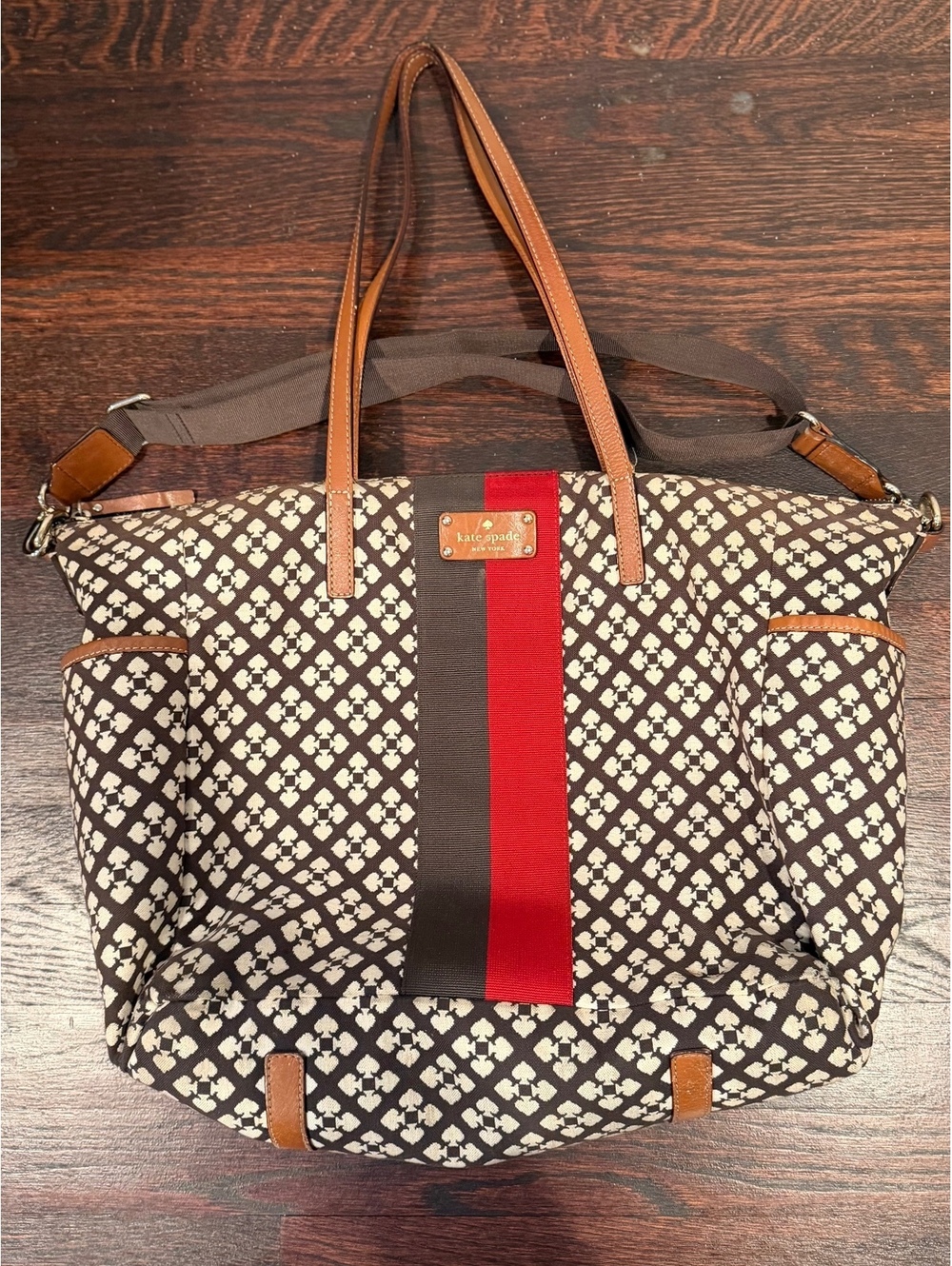Kate Spade Spade Flower Jacquard Diaper Bag Tote Brown Cream Red Stripe